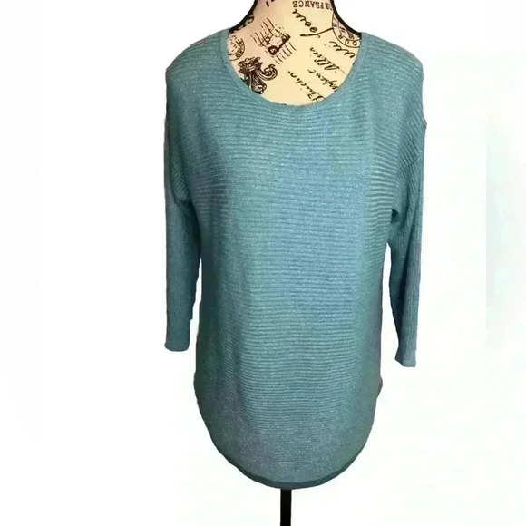 Chicos Size 1 Medium Sweater Turquoise Blue with Silver Strands Ribbed Knit - Picture 1 of 5